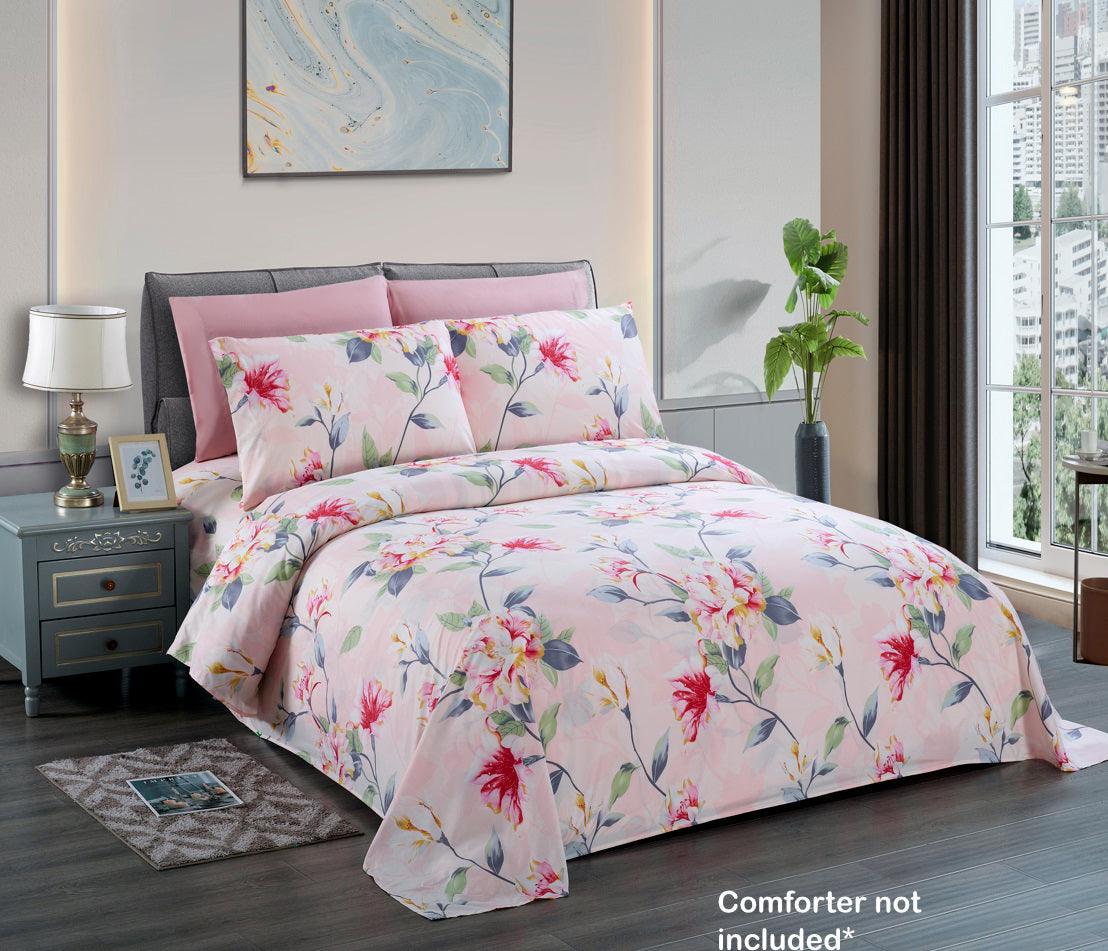 Belle Haven 6 Piece Sheet Set featuring vibrant colors and unique designs, includes flat sheet, fitted sheet, and four pillowcases.