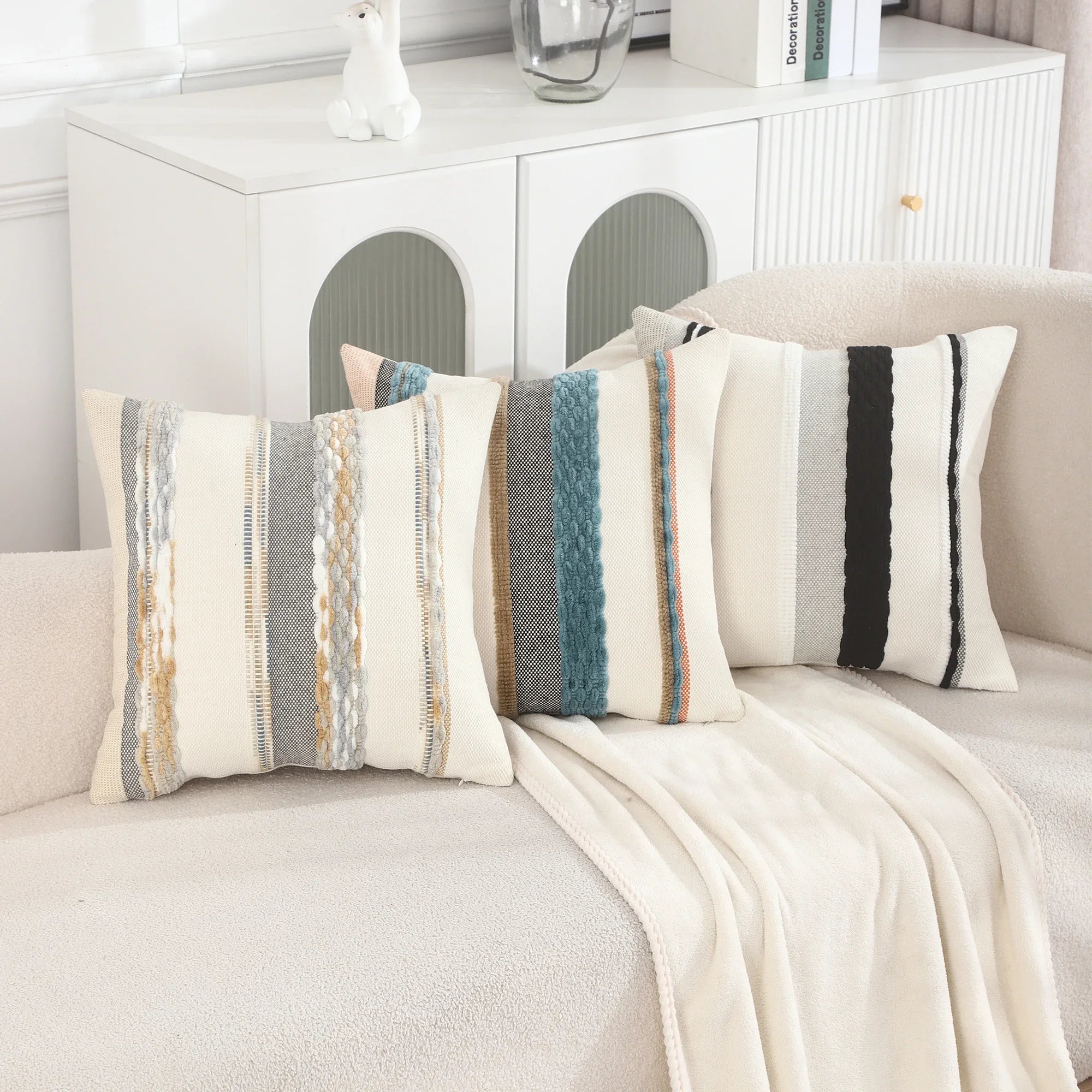 Boho Striped Chenille Throw Pillowcases featuring soft, luxurious fabric with a stylish striped design, perfect for home decor.