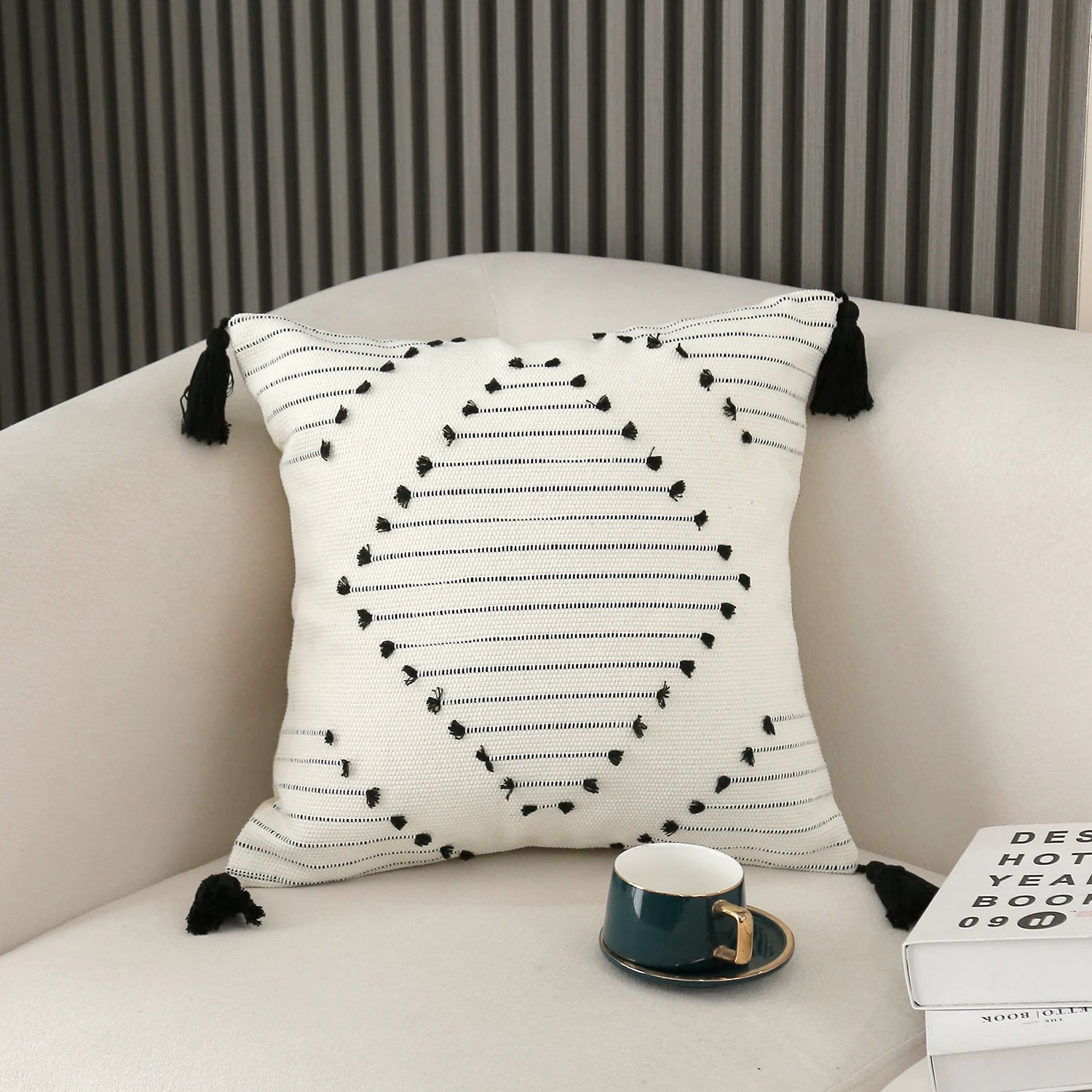 Boho Striped Tassels Cushion Cover featuring a striped design and decorative tassels, made from soft cotton material.
