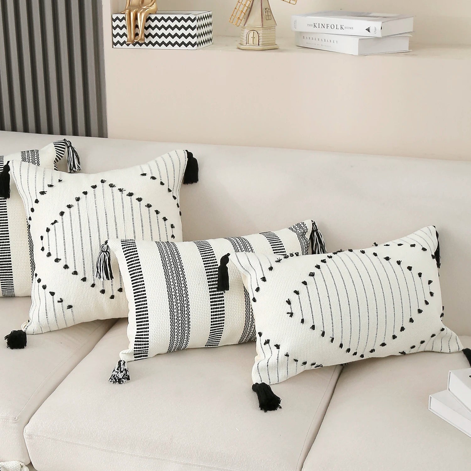 Boho Striped Tassels Cushion Cover featuring a striped design and decorative tassels, made from soft cotton material.