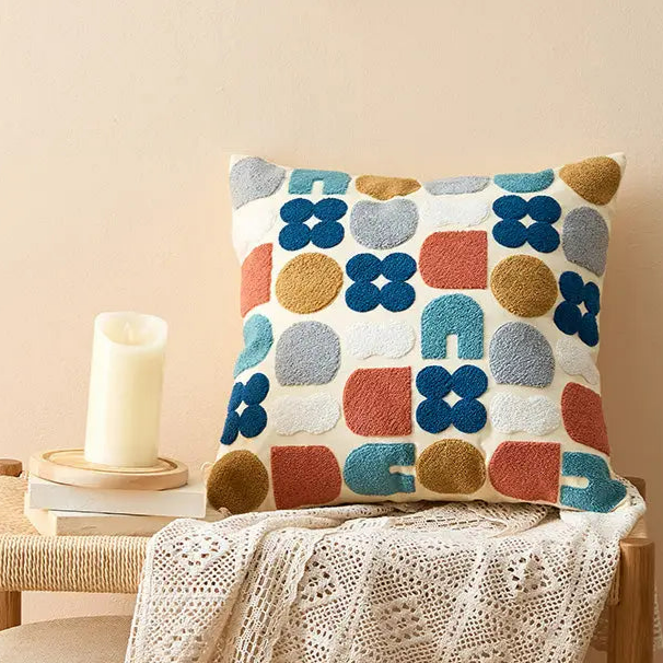 Colorful Boho Tufted Throw Pillow Case with intricate patterns, perfect for home decor.