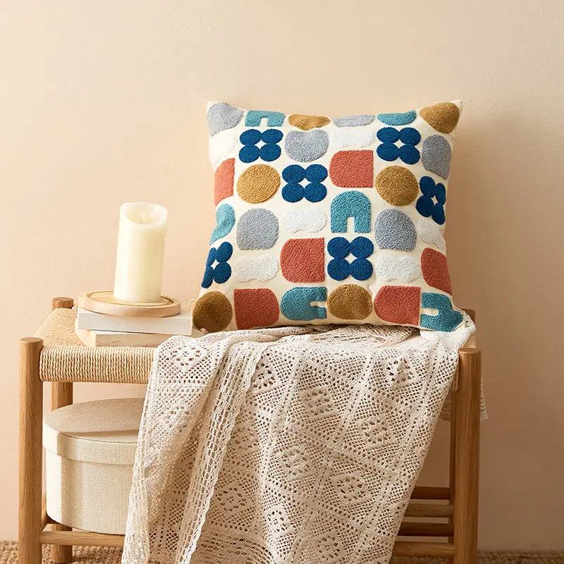 Colorful Boho Tufted Throw Pillow Case with intricate patterns, perfect for home decor.