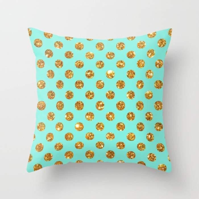 Chic gold glitter polka dots pattern cushion cover on a stylish sofa, showcasing its elegant design.