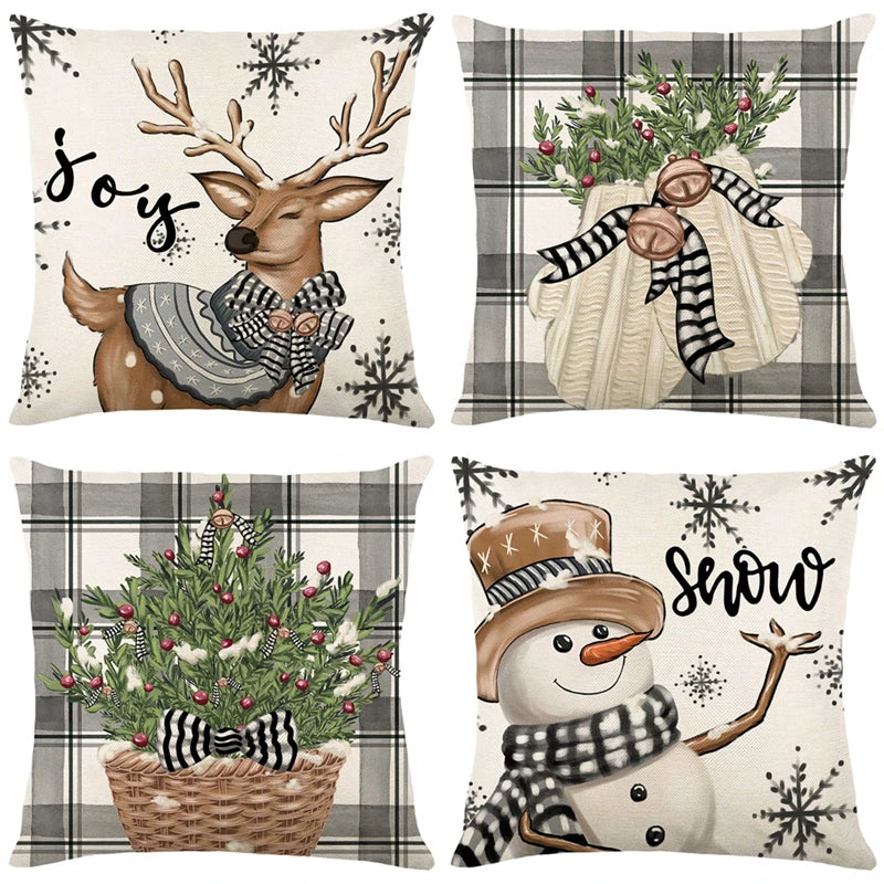 Christmas Pillow Cover featuring a snowman and elk design, perfect for holiday decor.