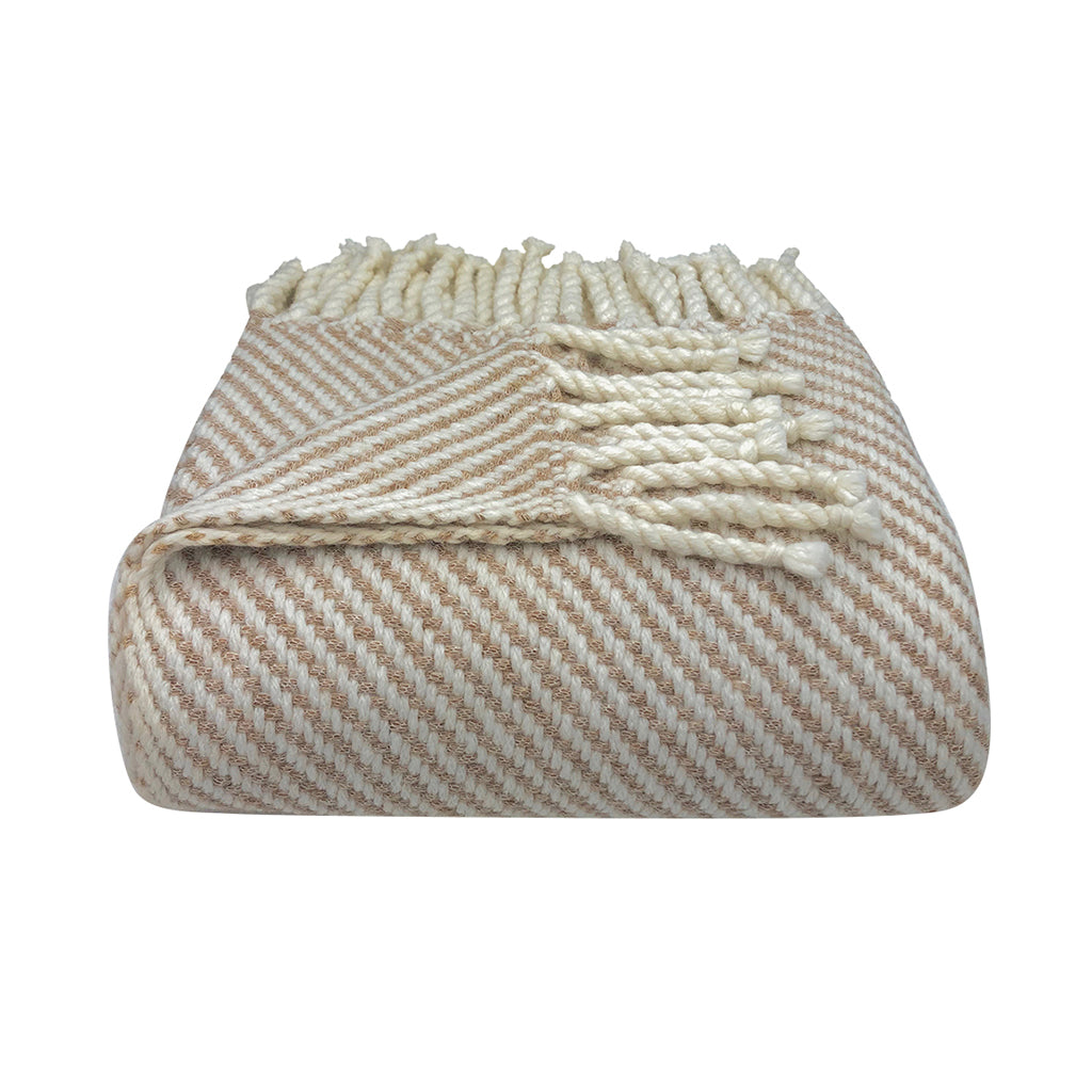 Chunky Camel Stripe Alpaca Throw showcasing luxurious texture and classic stripes, perfect for cozying up on a sofa or bed.
