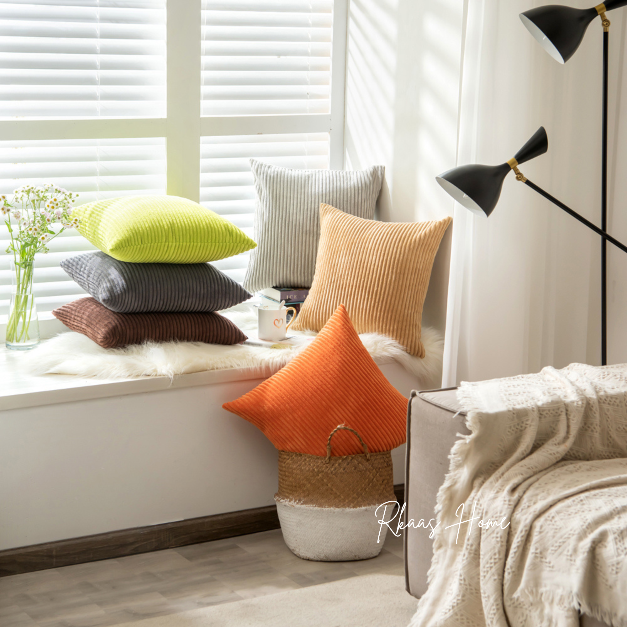 A set of colorful corduroy cushion covers in various sizes, showcasing a striped pattern, perfect for home decor.