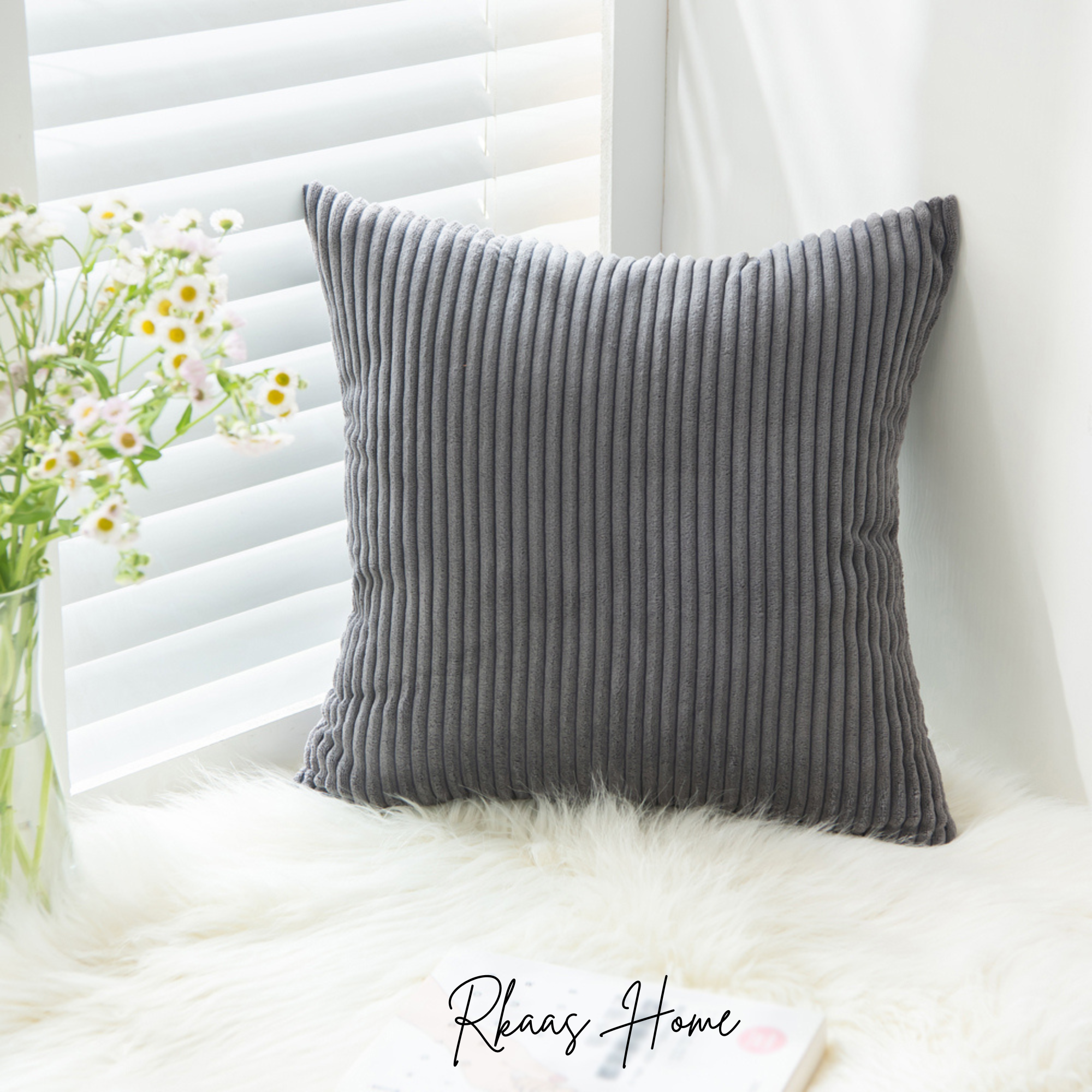 A set of colorful corduroy cushion covers in various sizes, showcasing a striped pattern, perfect for home decor.
