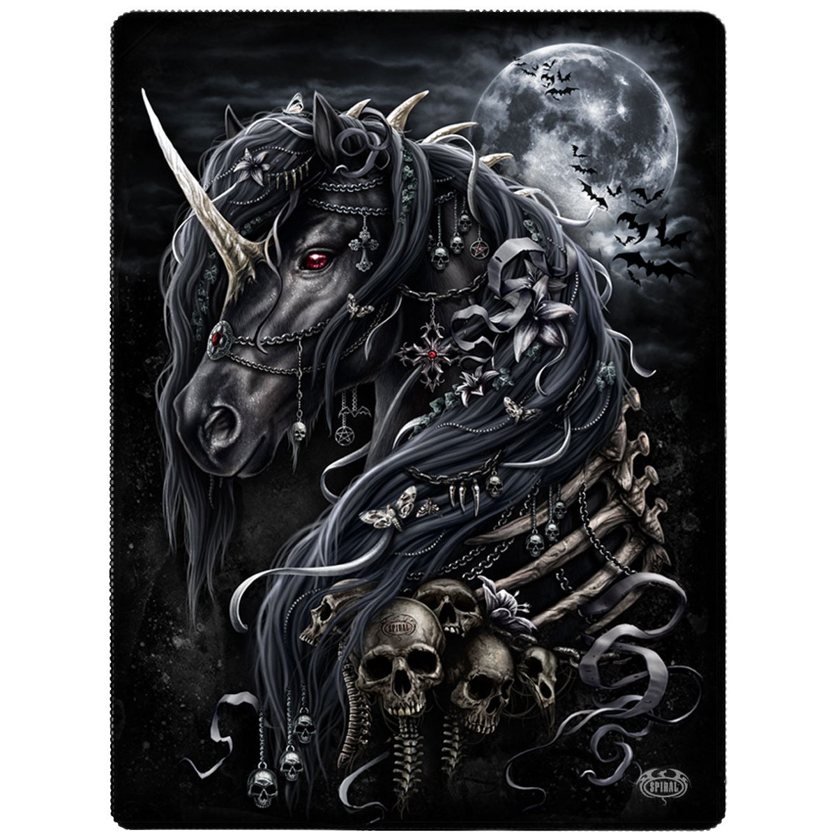 DARK UNICORN fleece blanket featuring a double-sided print with an intricate design of a unicorn surrounded by bones and flowers.