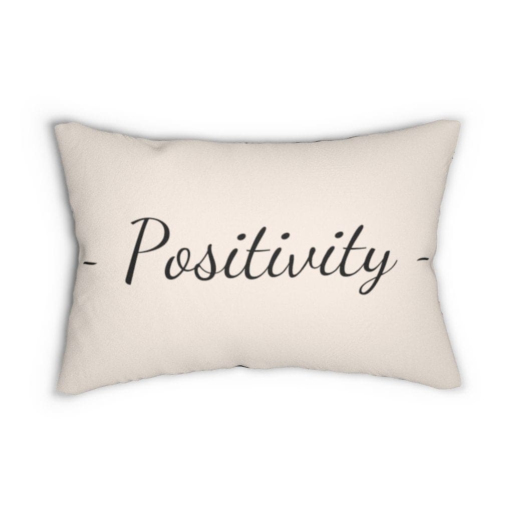 Beige and black decorative lumbar throw pillow with positivity word art design, featuring a concealed zipper and plush stuffing.