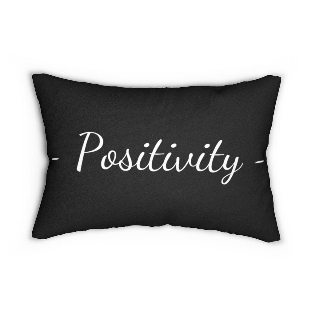 Beige and black decorative lumbar throw pillow with positivity word art design, featuring a concealed zipper and plush stuffing.