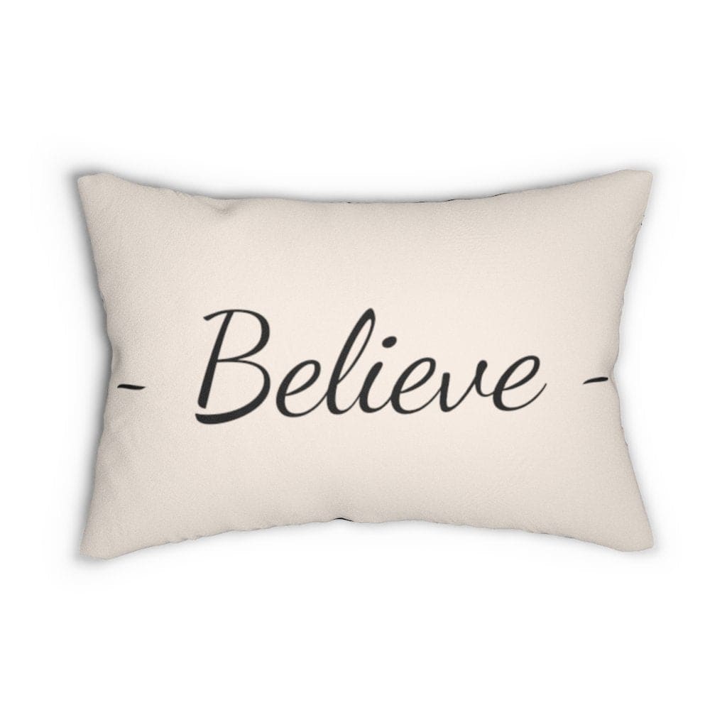 Decorative lumbar throw pillow in beige and black with the word 'Believe', featuring a concealed zipper and double-sided print.