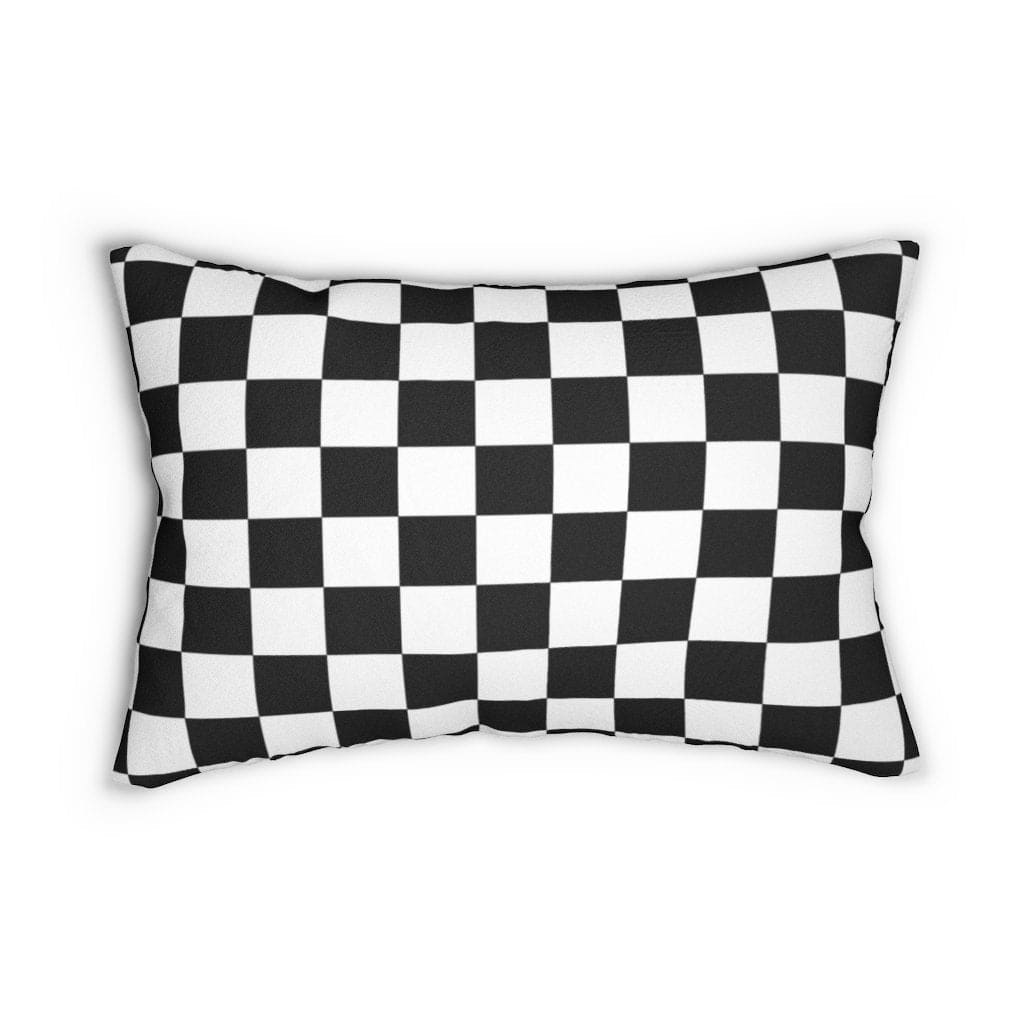 Decorative lumbar throw pillow featuring a black and white checkered pattern, made from spun-polyester with a concealed zipper.