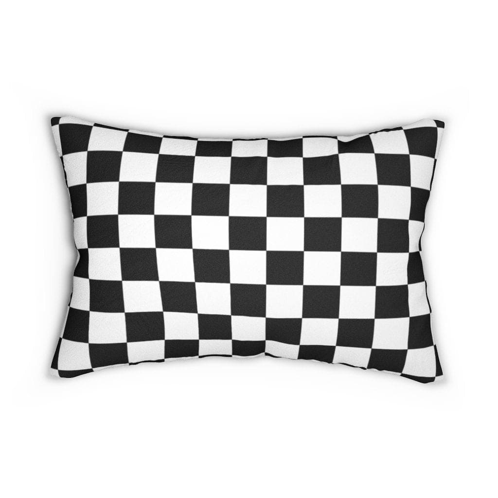 Decorative lumbar throw pillow featuring a black and white checkered pattern, made from spun-polyester with a concealed zipper.