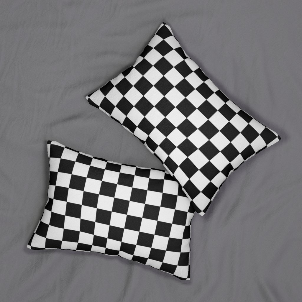 Decorative lumbar throw pillow featuring a black and white checkered pattern, made from spun-polyester with a concealed zipper.