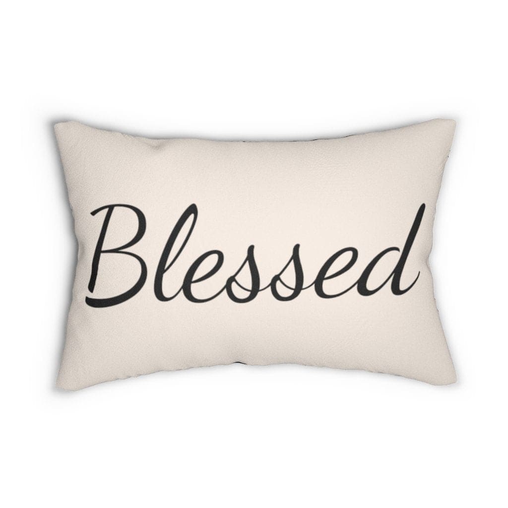 Decorative lumbar throw pillow in beige and black with the word 'Blessed', featuring a stylish design and hidden zipper.