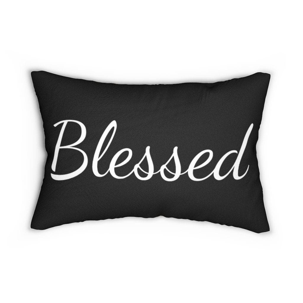Decorative lumbar throw pillow in beige and black with the word 'Blessed', featuring a stylish design and hidden zipper.