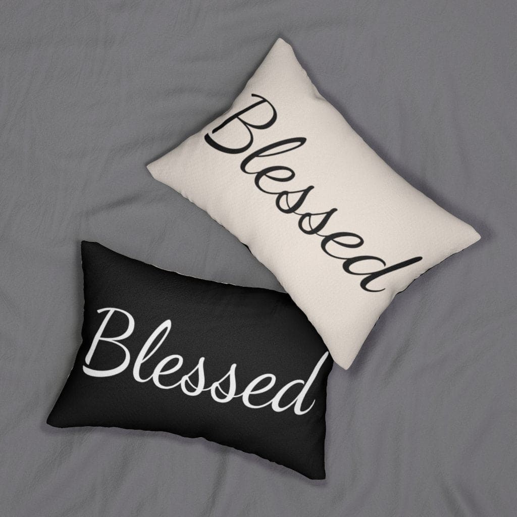 Decorative lumbar throw pillow in beige and black with the word 'Blessed', featuring a stylish design and hidden zipper.
