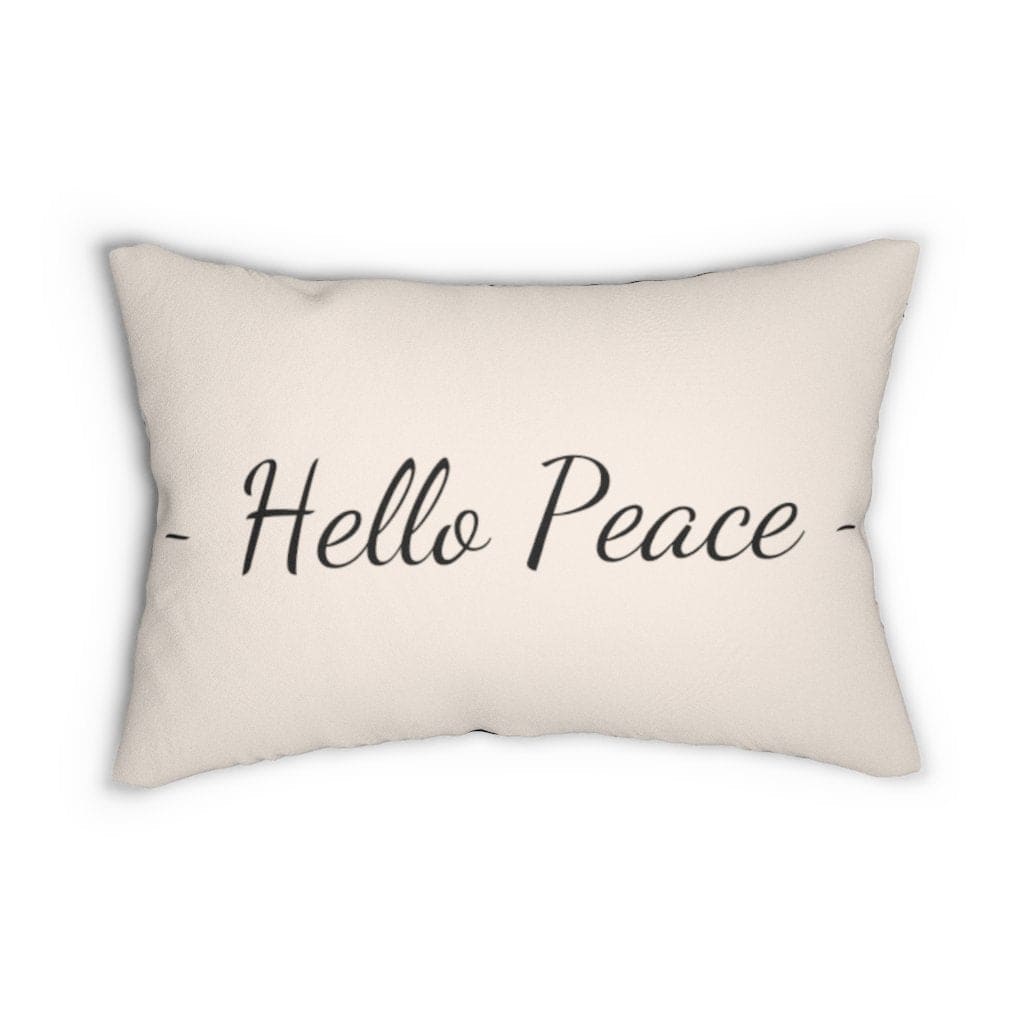 Decorative lumbar throw pillow in beige and black with 'Hello Peace' design, featuring a concealed zipper and double-sided print.