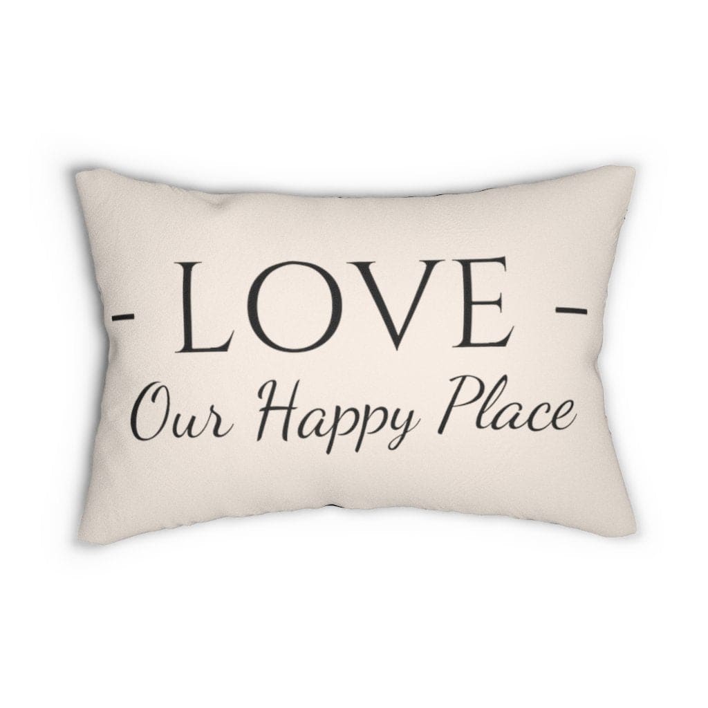 Decorative lumbar throw pillow with 'Love Our Happy Place' design in beige and black, featuring a concealed zipper and removable stuffing.