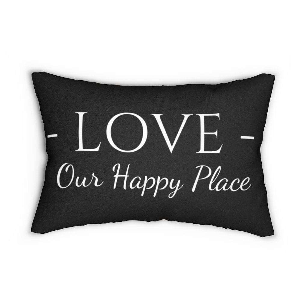 Decorative lumbar throw pillow with 'Love Our Happy Place' design in beige and black, featuring a concealed zipper and removable stuffing.