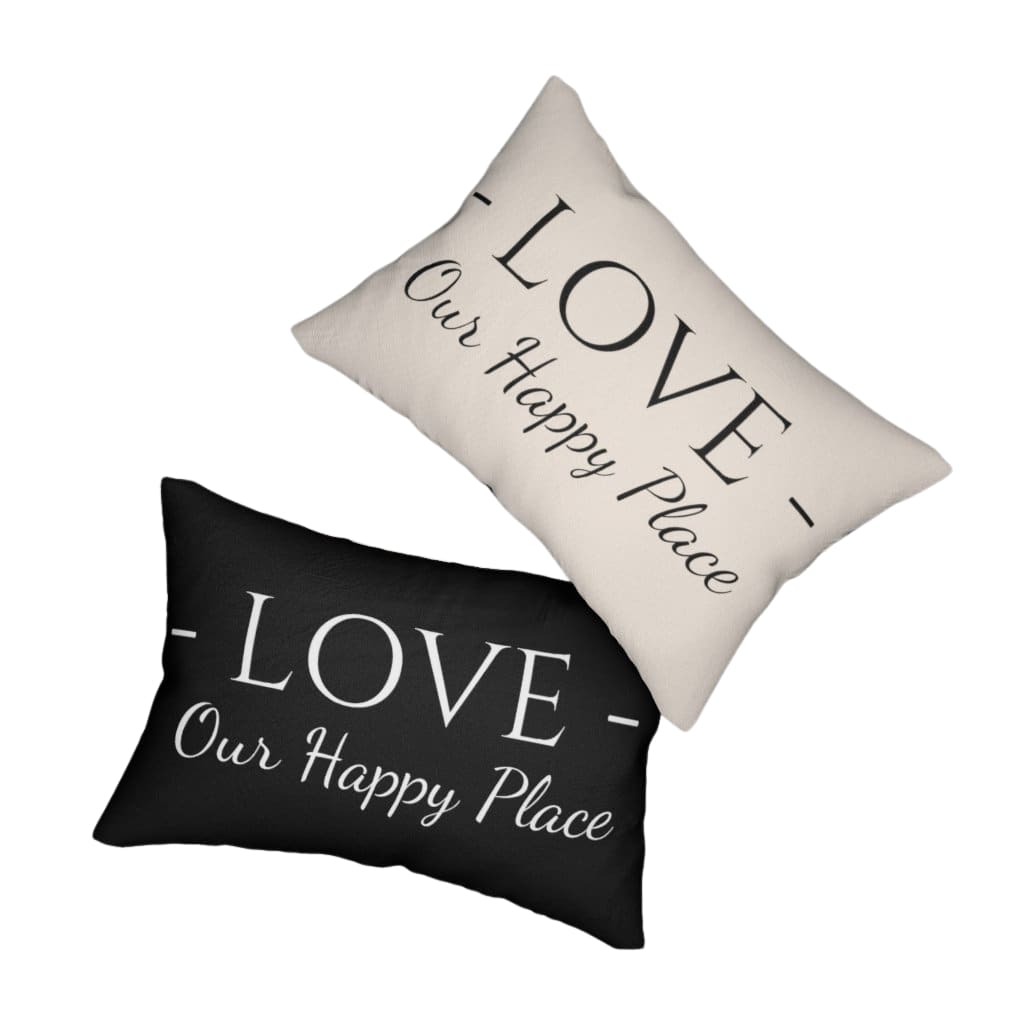Decorative lumbar throw pillow with 'Love Our Happy Place' design in beige and black, featuring a concealed zipper and removable stuffing.