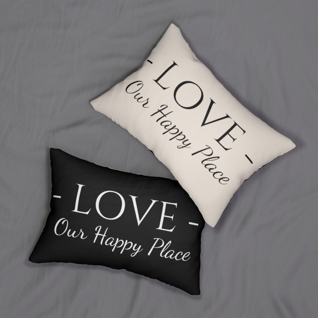 Decorative lumbar throw pillow with 'Love Our Happy Place' design in beige and black, featuring a concealed zipper and removable stuffing.