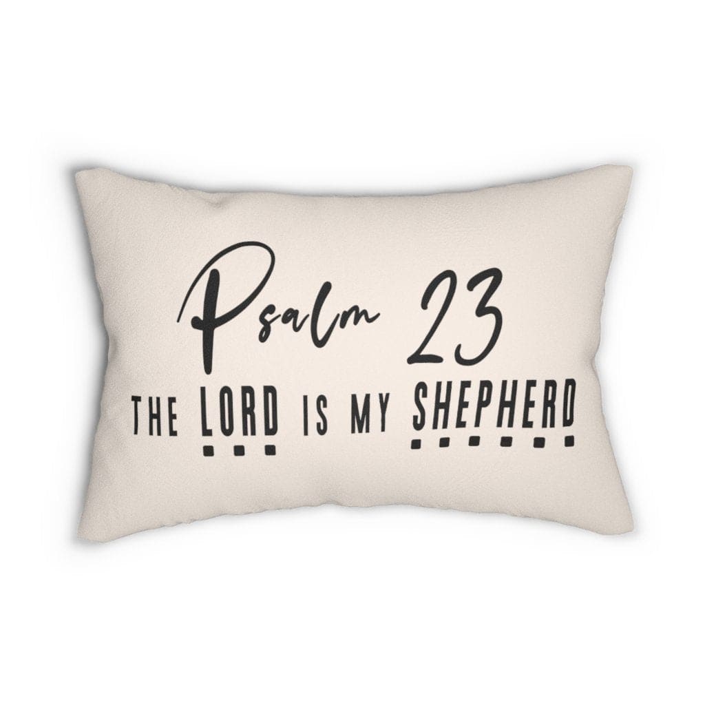 Decorative lumbar throw pillow featuring Psalm 23 design in beige and black, with a hidden zipper and double-sided print.