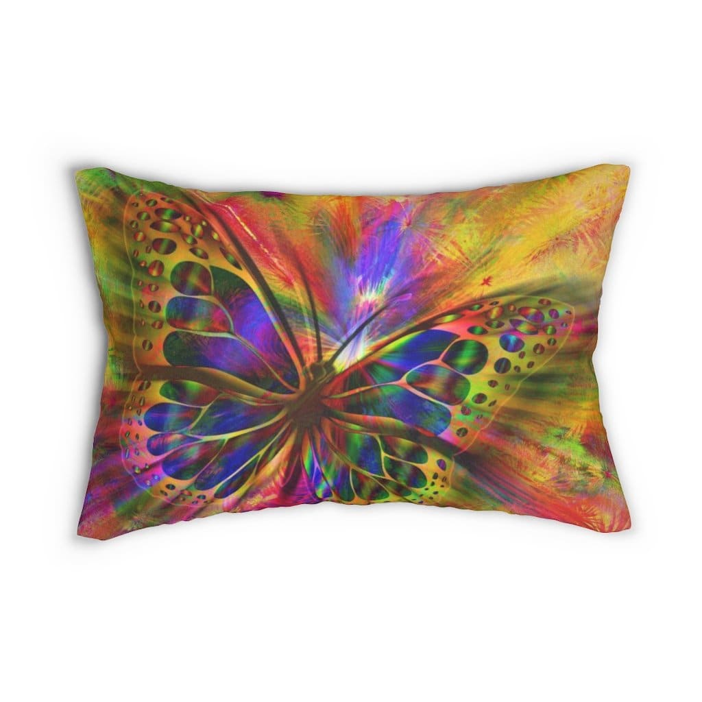 Decorative lumbar throw pillow featuring a vibrant purple butterfly design on a spun-polyester fabric, showcasing elegance and comfort.