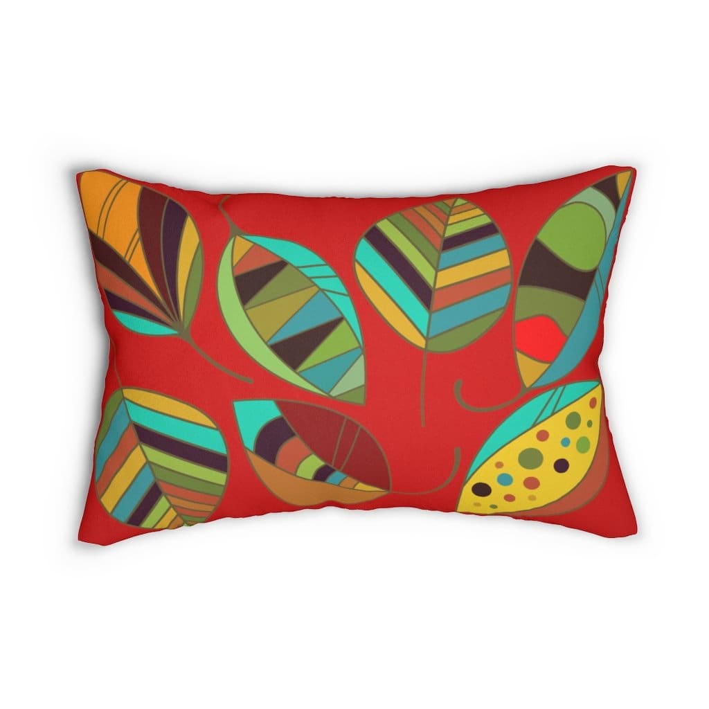 Decorative lumbar throw pillow with vibrant red autumn leaves design, featuring a concealed zipper and plush stuffing.