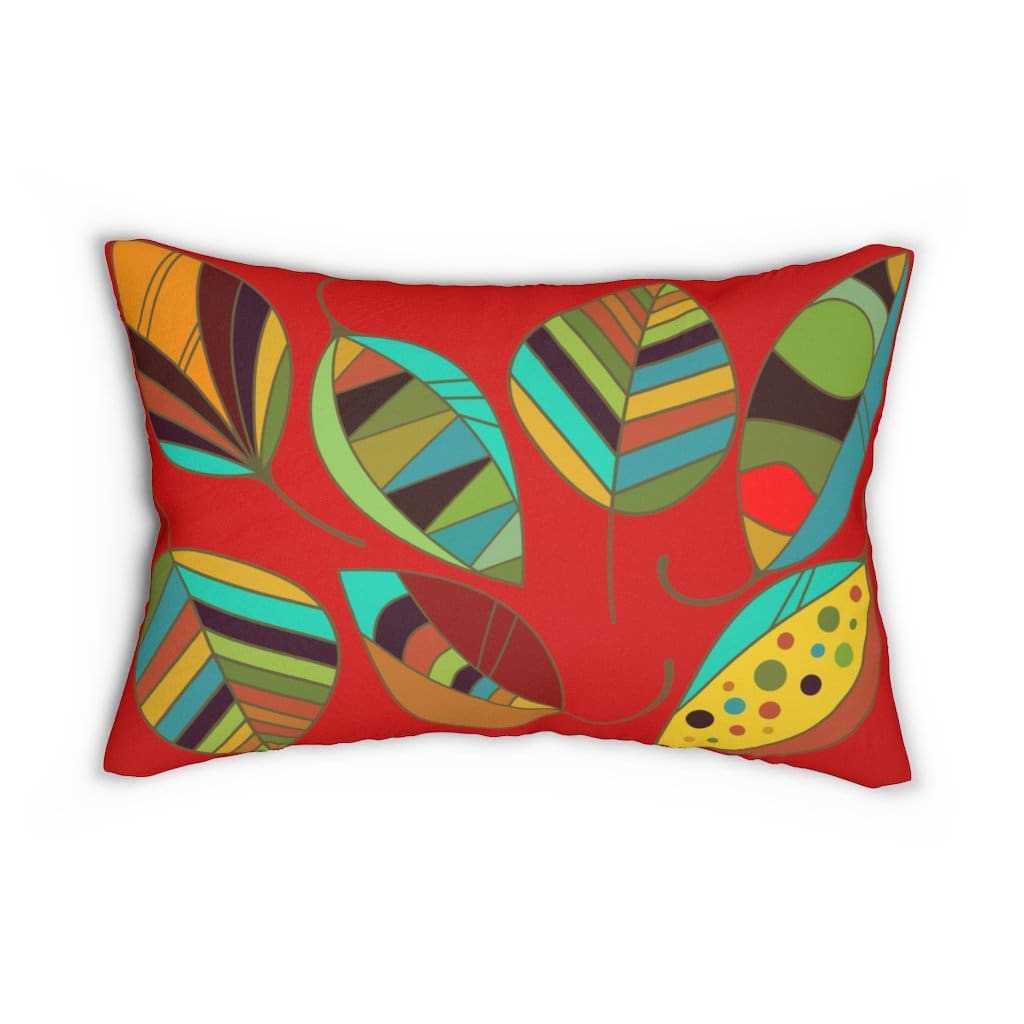 Decorative lumbar throw pillow with vibrant red autumn leaves design, featuring a concealed zipper and plush stuffing.