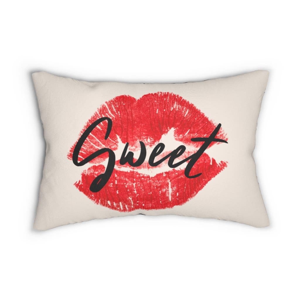 Decorative lumbar throw pillow featuring a stylish beige and black design with sweet lips print.