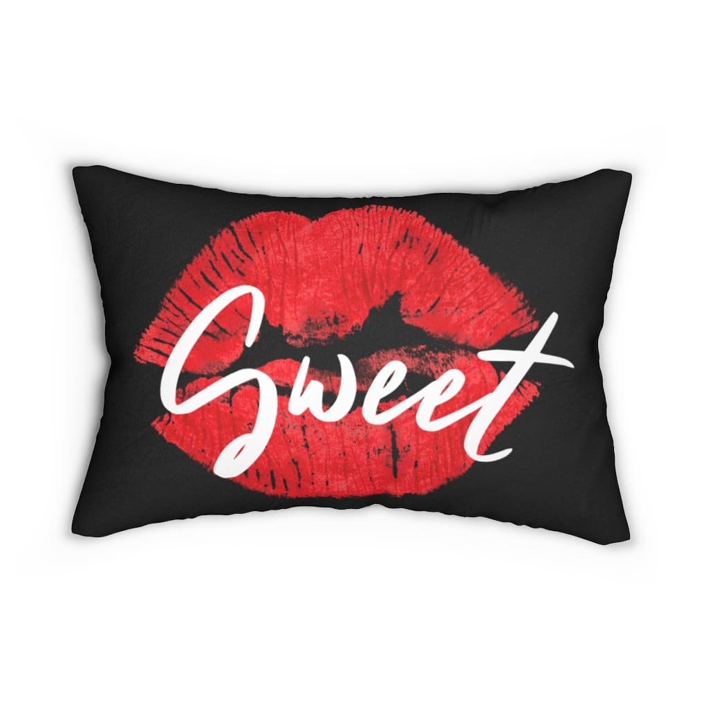 Decorative lumbar throw pillow featuring a stylish beige and black design with sweet lips print.