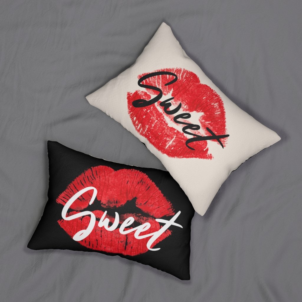 Decorative lumbar throw pillow featuring a stylish beige and black design with sweet lips print.