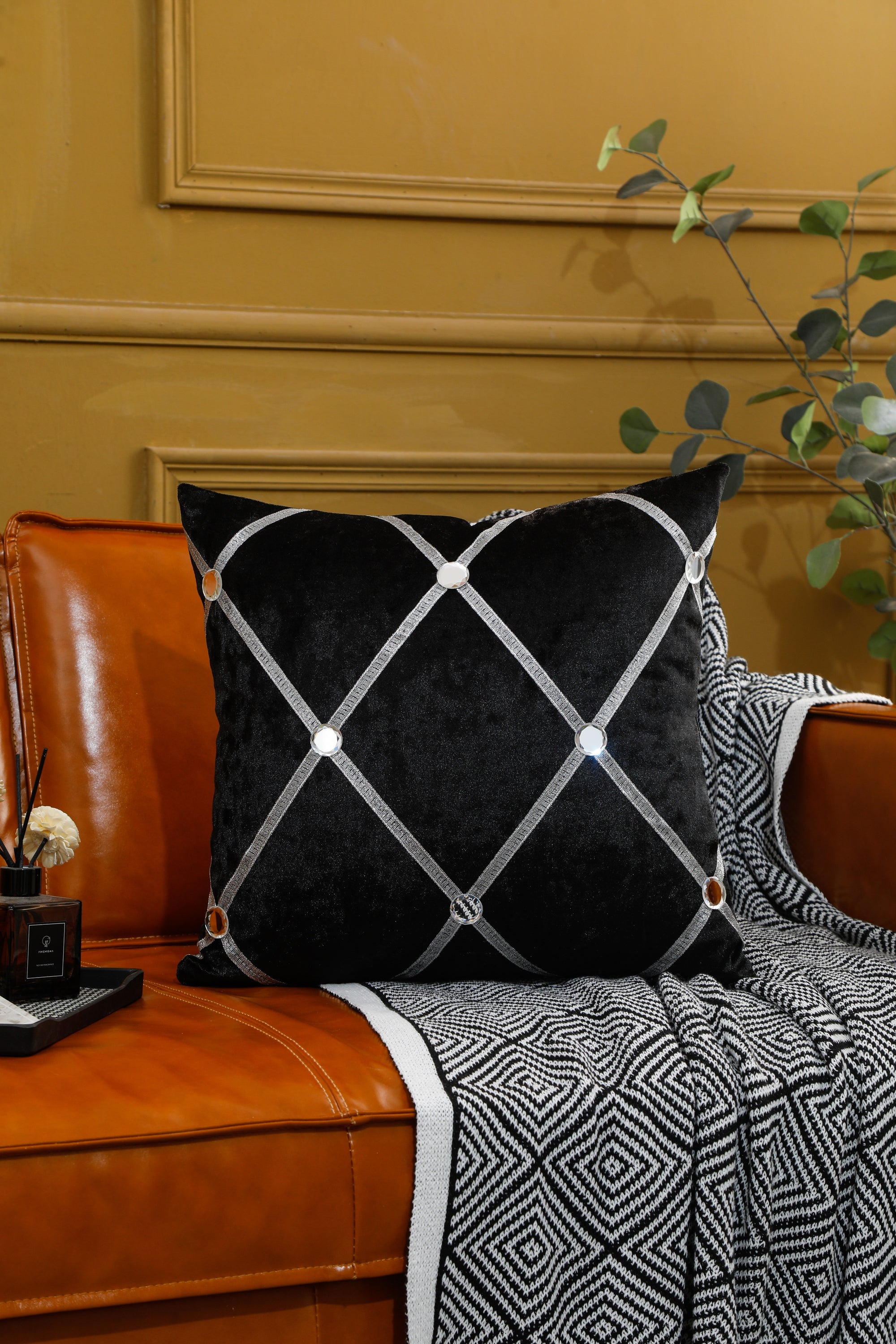 Diamante Sparkle Black Crushed Ice Velvet Square Cushion with a luxurious striped pattern, perfect for home decor.