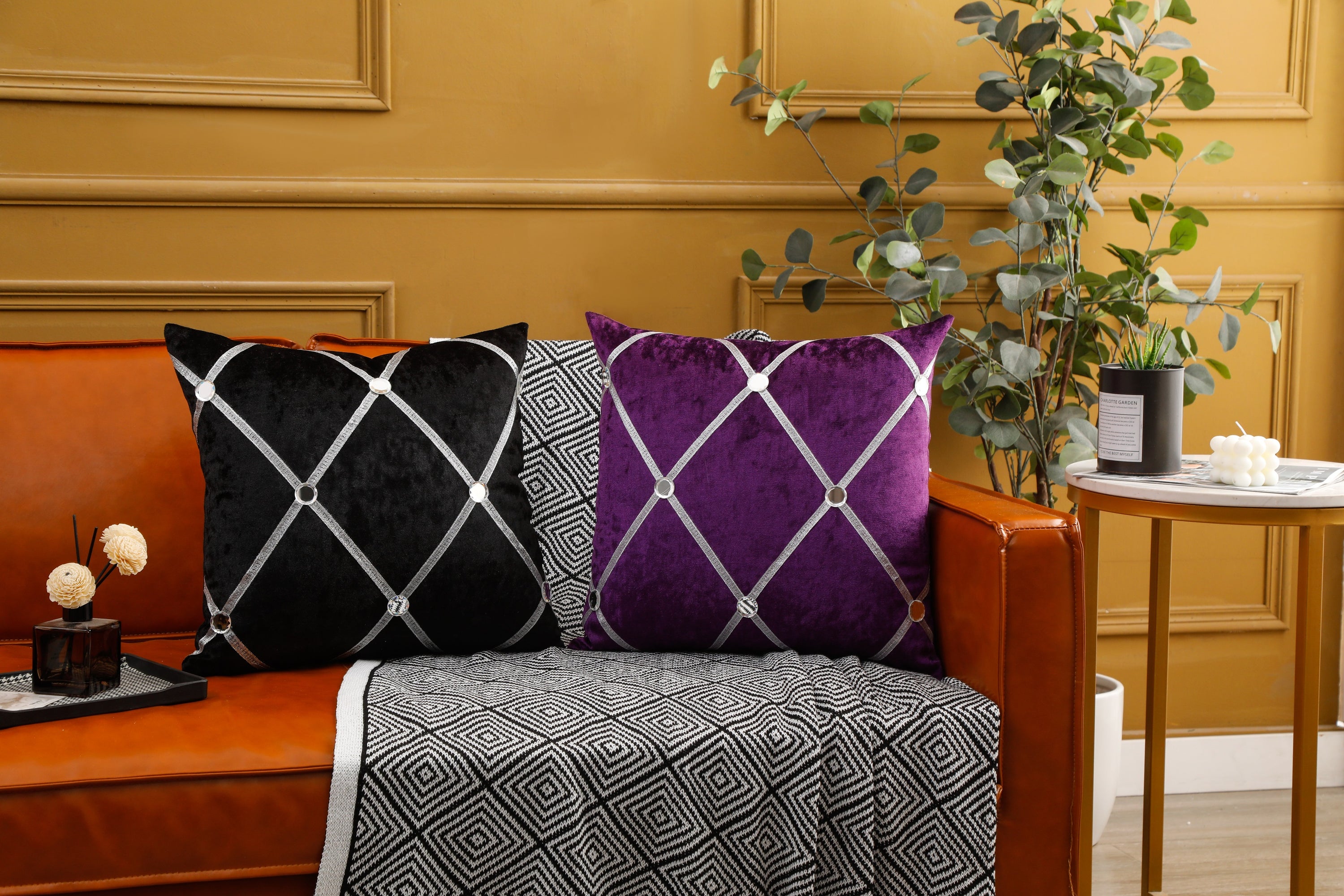 Diamante Sparkle Black Crushed Ice Velvet Square Cushion with a luxurious striped pattern, perfect for home decor.