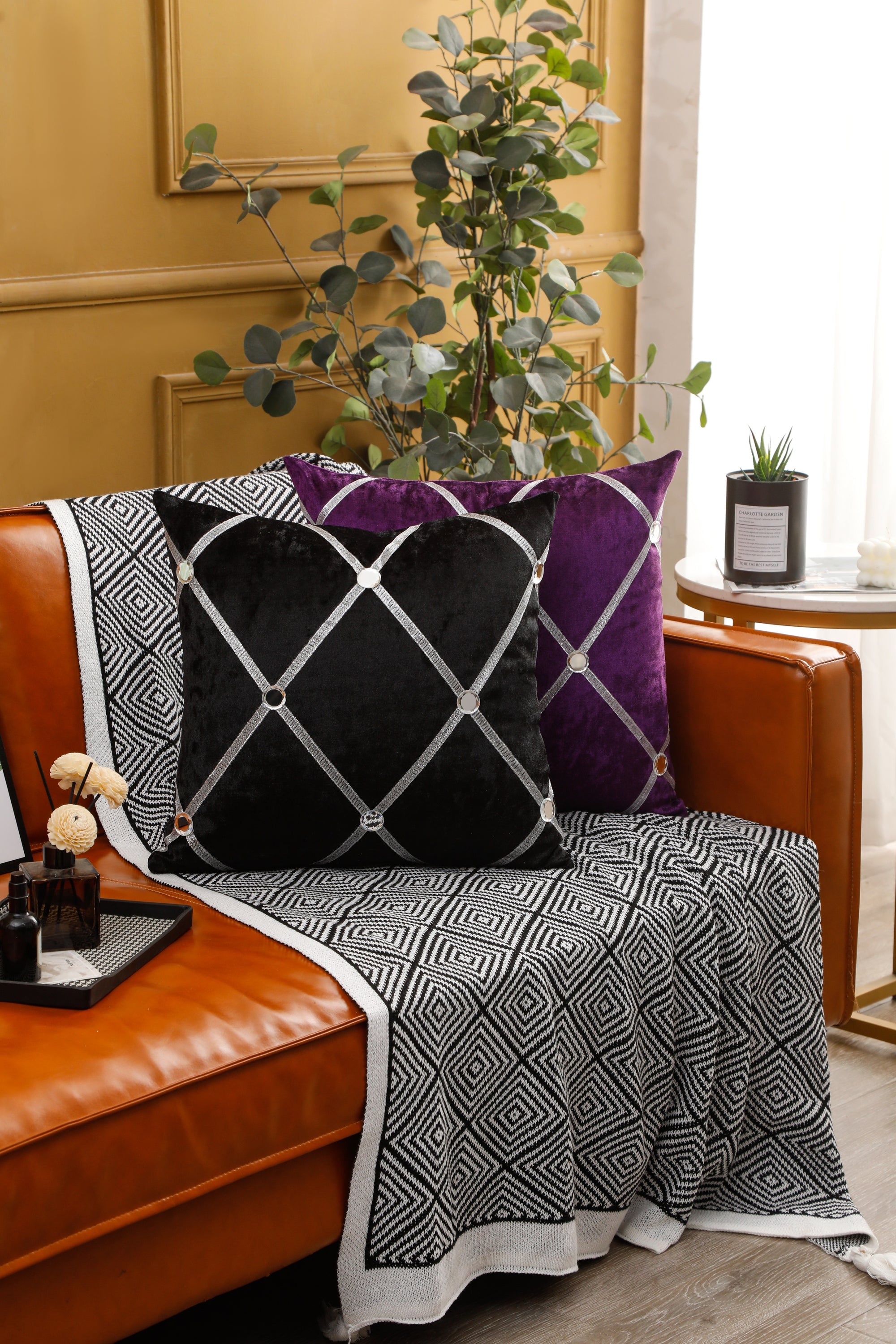 Diamante Sparkle Black Crushed Ice Velvet Square Cushion with a luxurious striped pattern, perfect for home decor.