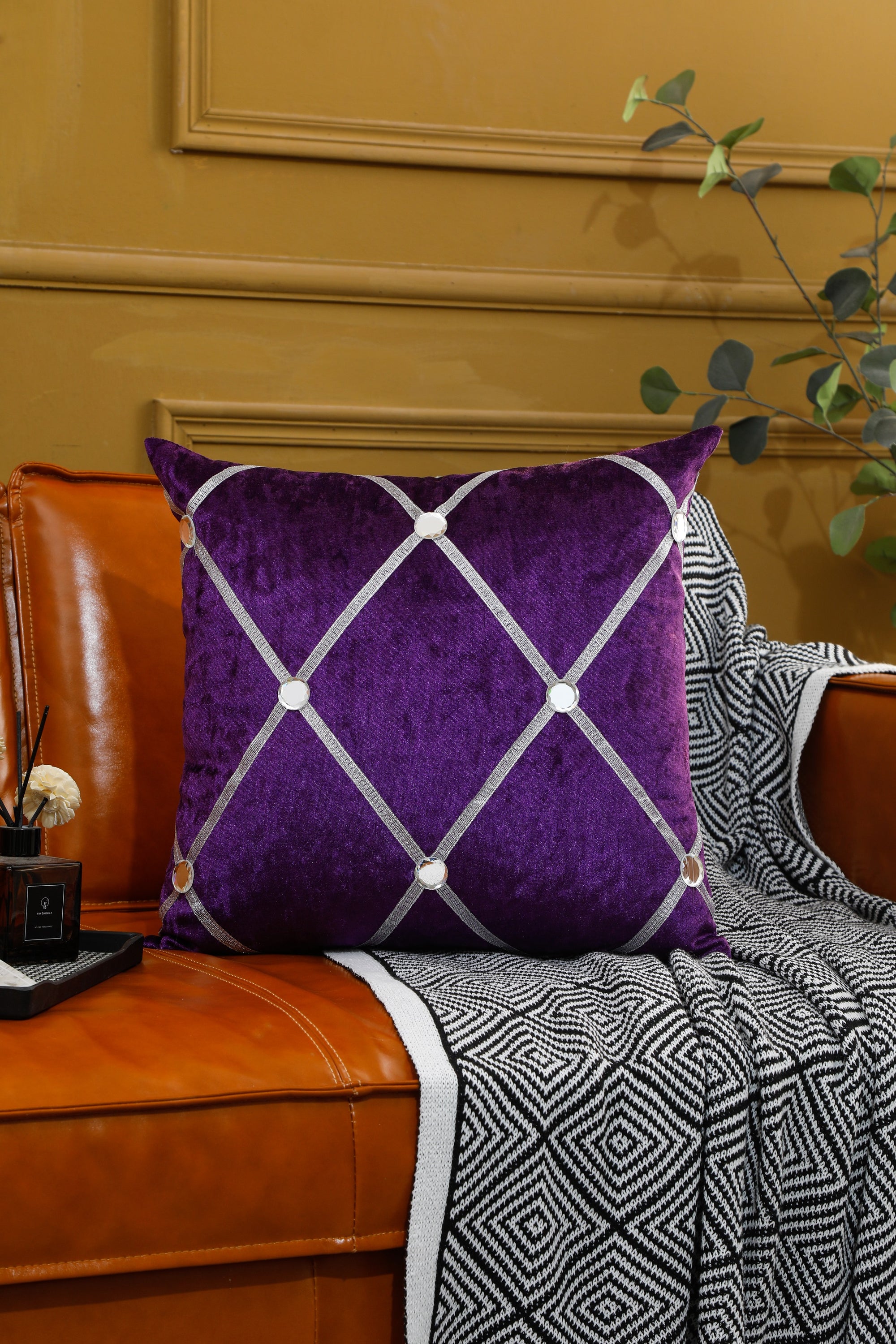 Diamante Sparkle Purple Crushed Ice Velvet Square Cushion with striped pattern, showcasing luxurious texture and vibrant color.
