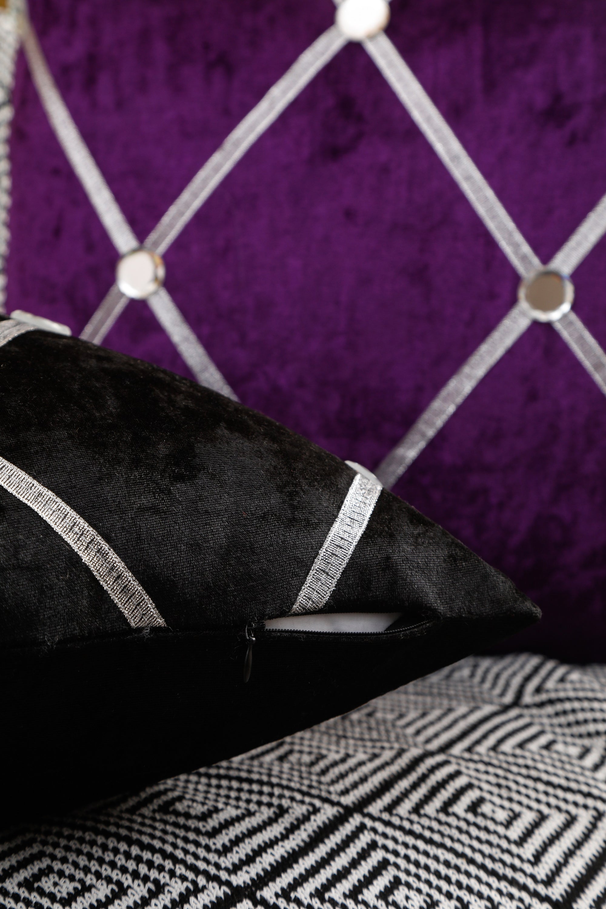 Diamante Sparkle Purple Crushed Ice Velvet Square Cushion with striped pattern, showcasing luxurious texture and vibrant color.