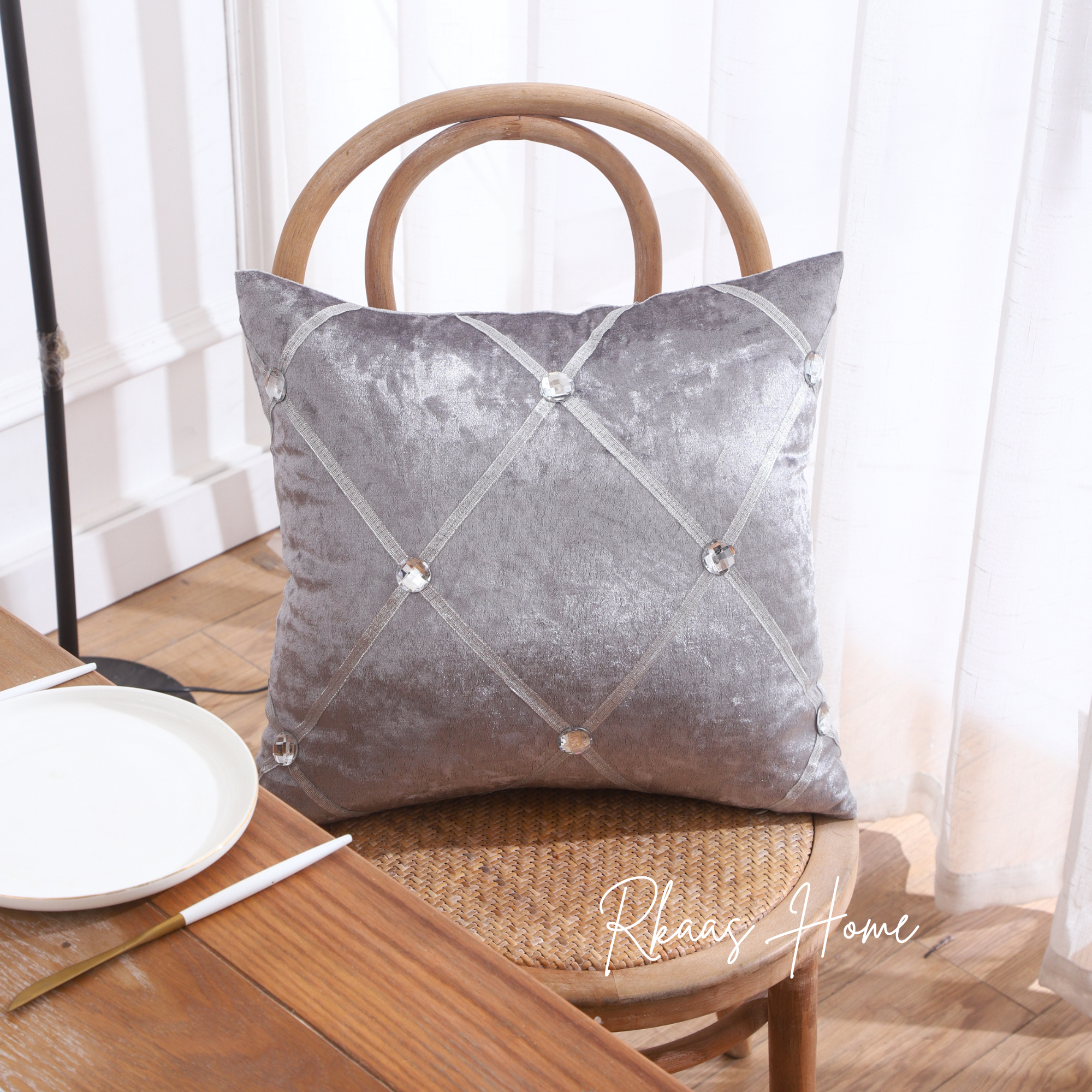 Diamante Sparkle Silver Grey Crushed Ice Velvet Square Cushion Covers displayed elegantly on a sofa, showcasing their luxurious texture and stylish design.