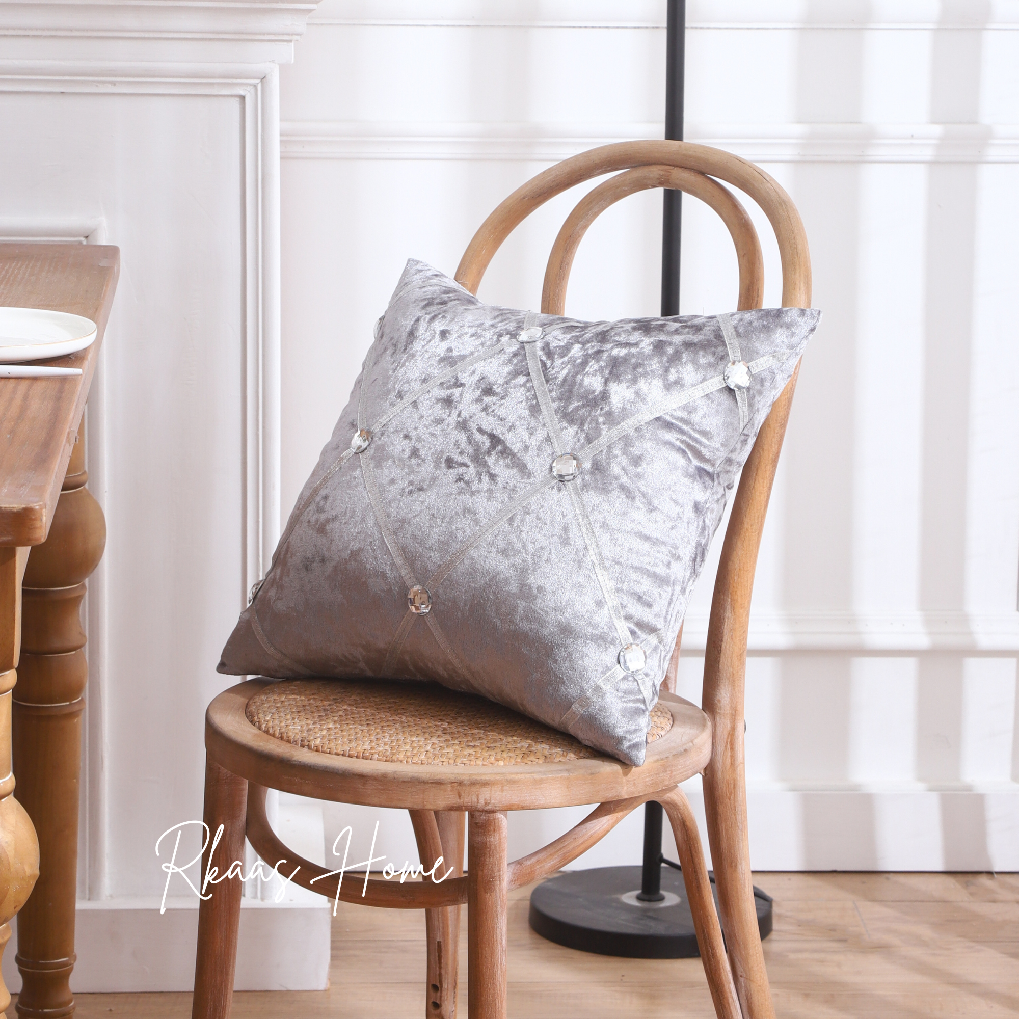 Diamante Sparkle Silver Grey Crushed Ice Velvet Square Cushion Covers displayed elegantly on a sofa, showcasing their luxurious texture and stylish design.