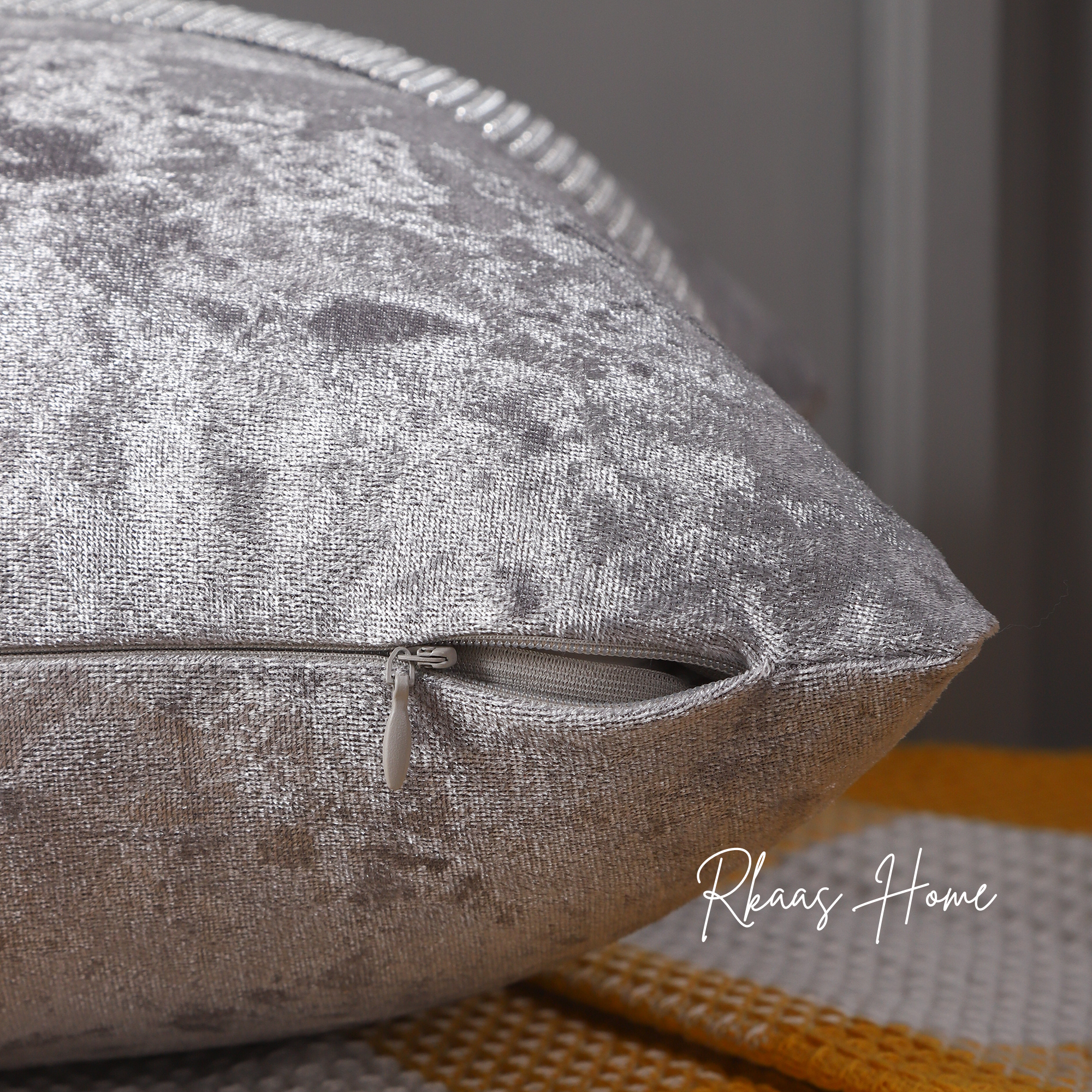 Diamante Sparkle Silver Grey Crushed Ice Velvet Square Cushion with striped pattern, perfect for home decor.