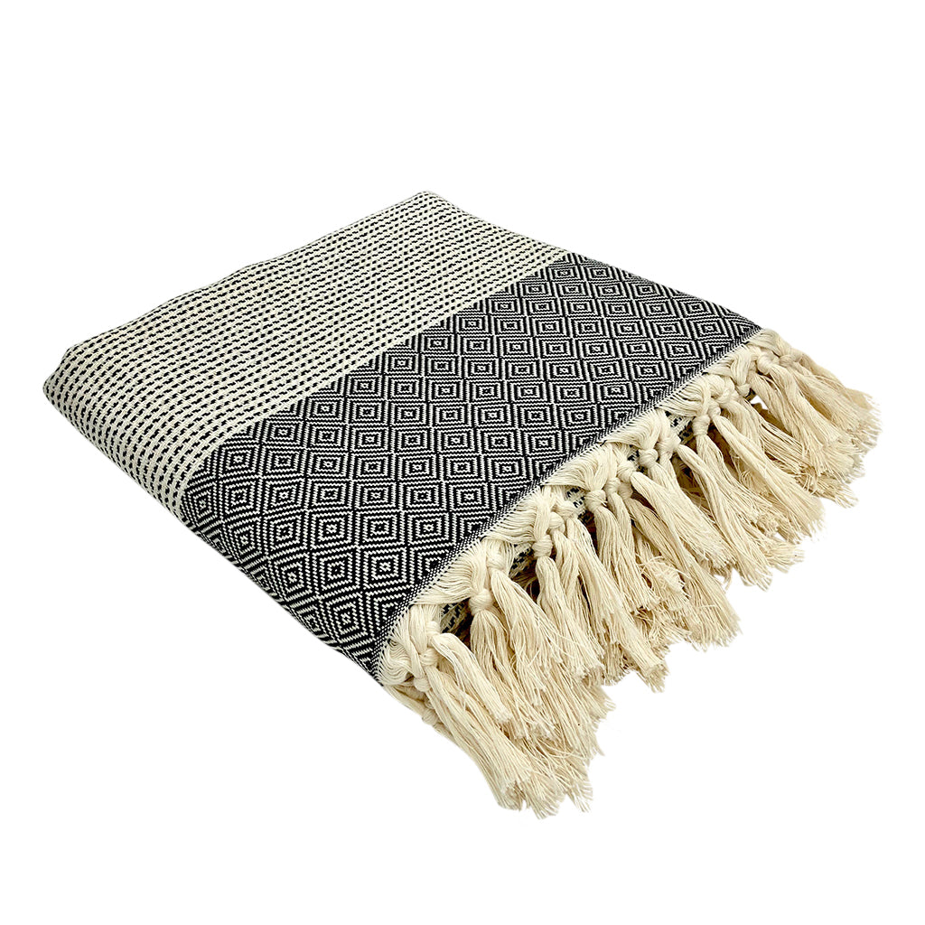 A beautifully crafted Diamond Stripe Turkish Throw showcasing intricate diamond patterns and hand-knotted fringe, perfect for home decor.