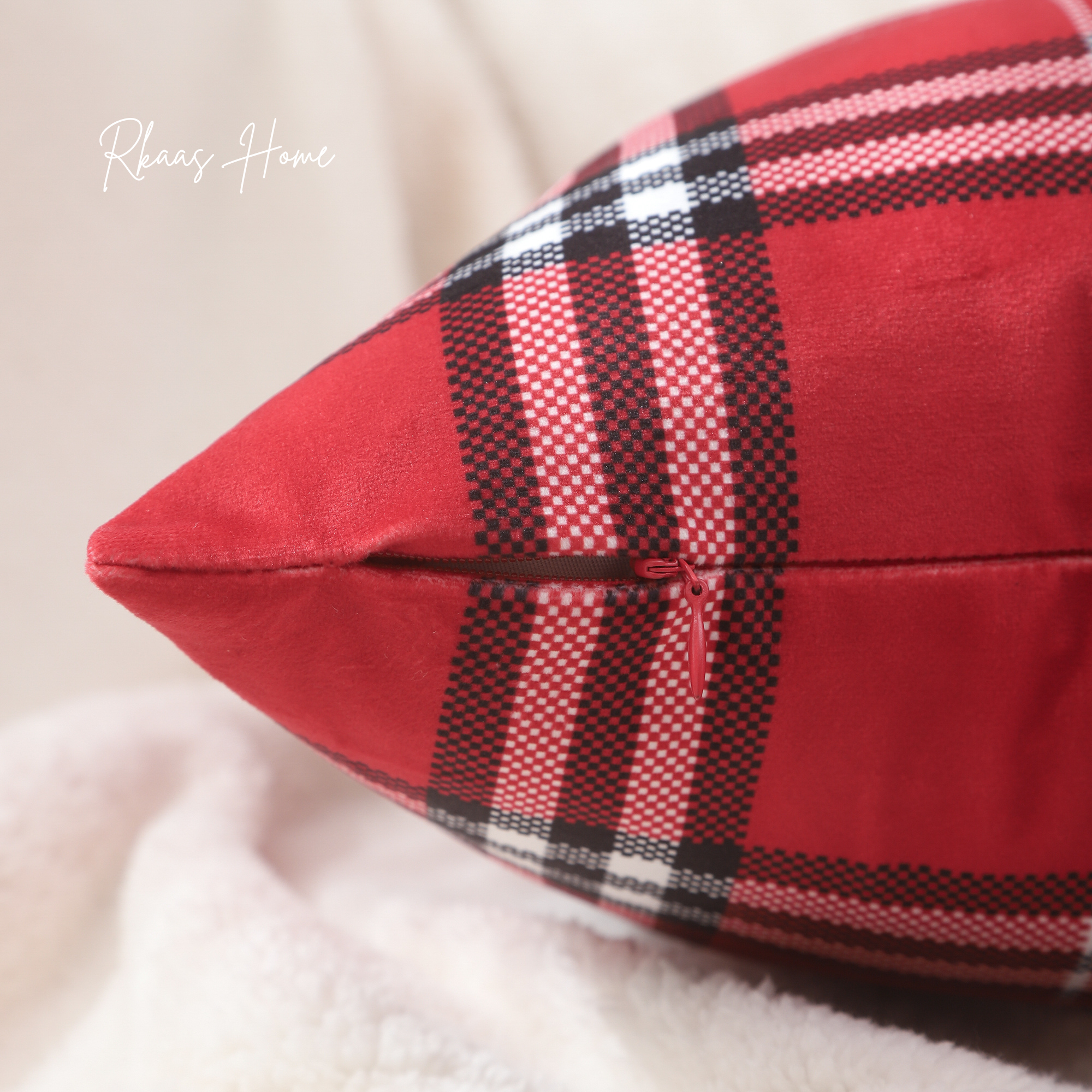 A luxurious red velvet cushion cover featuring a classic tartan check pattern, measuring 45cm x 45cm, perfect for home or hotel decor.