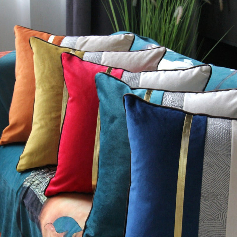 European style velvet cushion cover with embroidered gold stripe, measuring 45x45 cm, perfect for home and hotel decor.