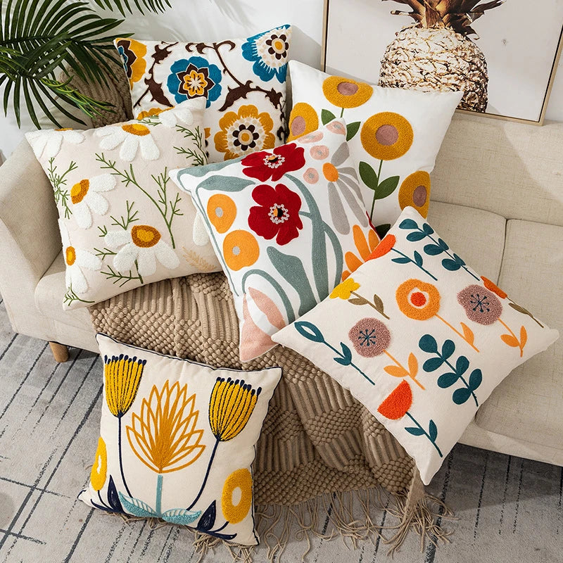 A beautifully designed Flower Embroidery Throw Pillow Cover featuring intricate floral patterns on a soft cotton fabric, perfect for home decor.