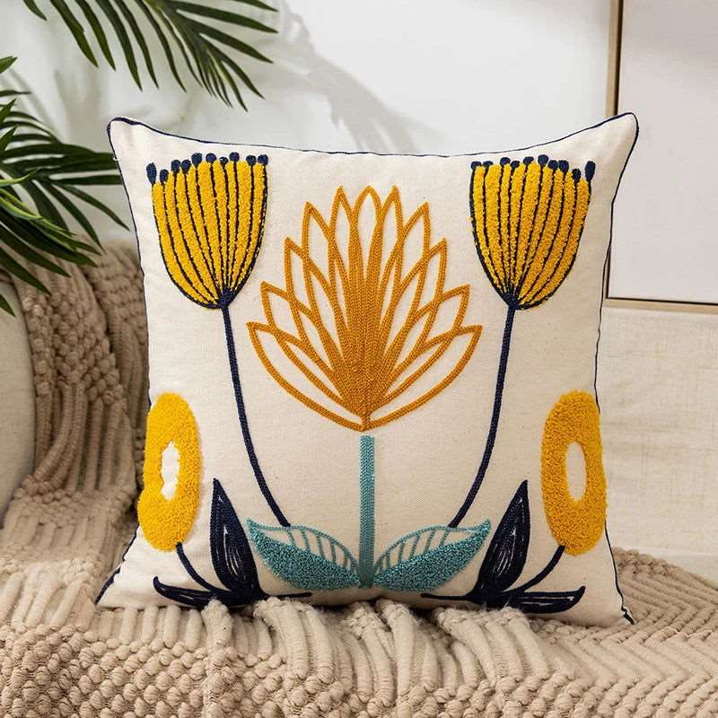 A beautifully designed Flower Embroidery Throw Pillow Cover featuring intricate floral patterns on a soft cotton fabric, perfect for home decor.