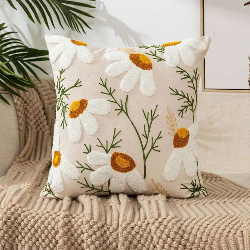 A beautifully designed Flower Embroidery Throw Pillow Cover featuring intricate floral patterns on a soft cotton fabric, perfect for home decor.