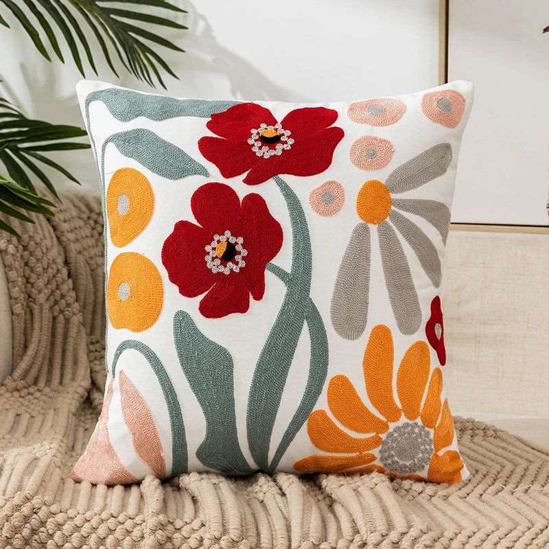 A beautifully designed Flower Embroidery Throw Pillow Cover featuring intricate floral patterns on a soft cotton fabric, perfect for home decor.