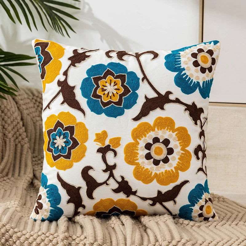 A beautifully designed Flower Embroidery Throw Pillow Cover featuring intricate floral patterns on a soft cotton fabric, perfect for home decor.