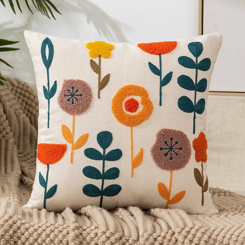A beautifully designed Flower Embroidery Throw Pillow Cover featuring intricate floral patterns on a soft cotton fabric, perfect for home decor.